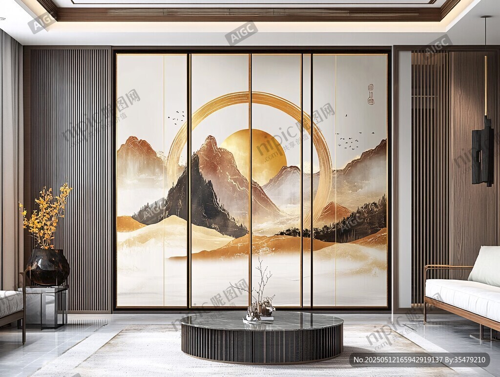 新中式山水移门客厅景致