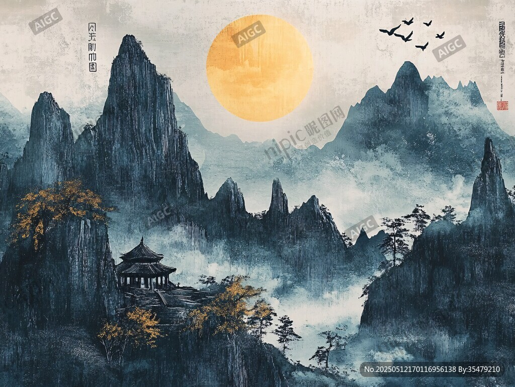 夕阳下的壮美山水图景
