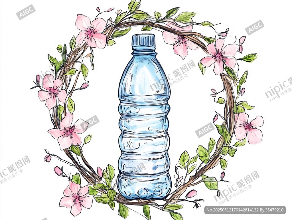 花环围绕的蓝色水瓶