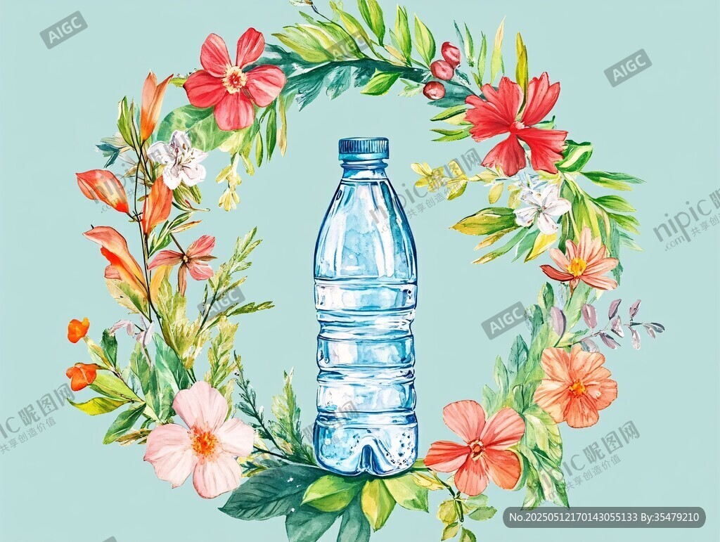 花卉环绕的清新矿泉水瓶