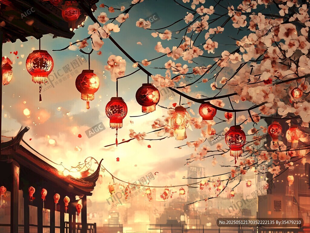 古风夜景下的灯笼与繁花
