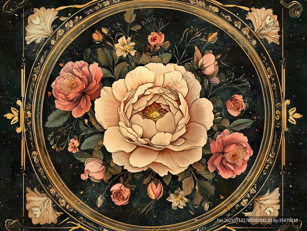 复古花卉圆形精致装饰画
