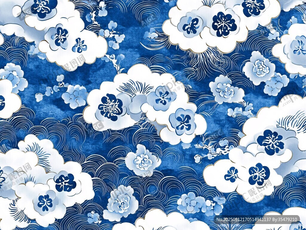 蓝白中式云纹花卉图案