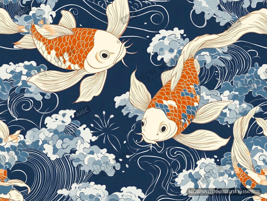 锦鲤戏浪传统风图案