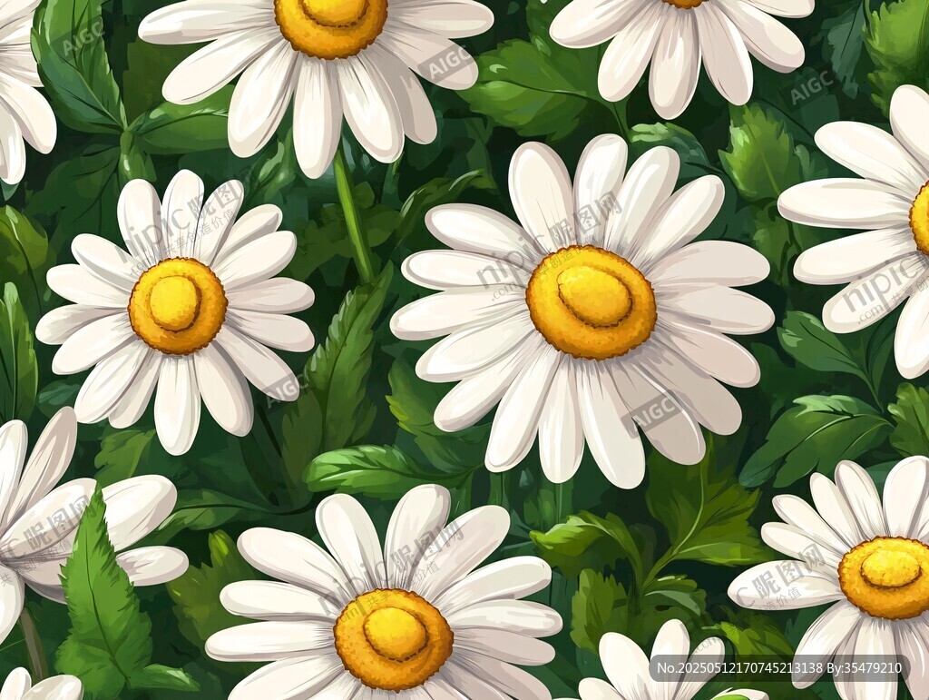 雏菊绿叶无缝图案背景