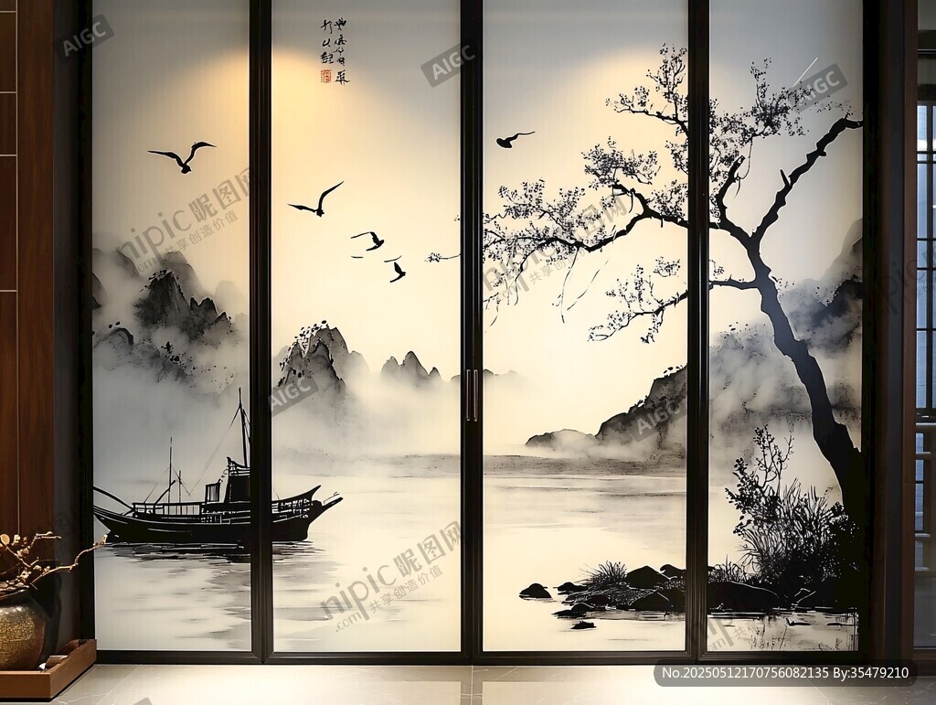 中式山水意境屏风画