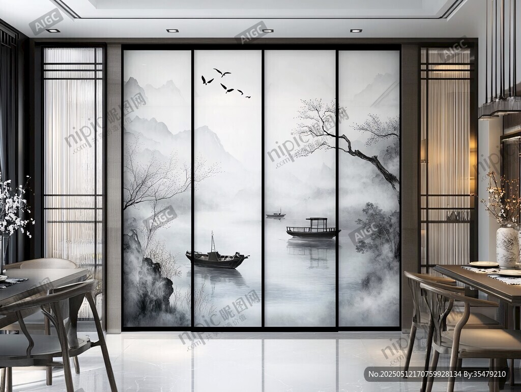 中式水墨风客厅隔断装饰画
