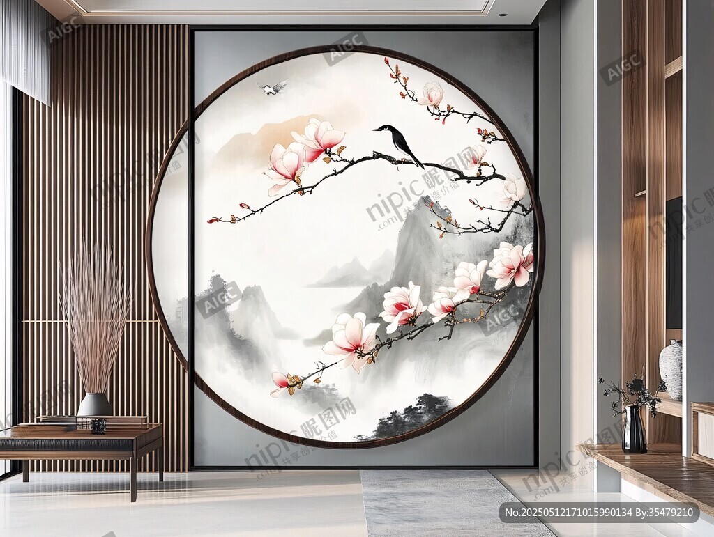 中式客厅圆形花鸟装饰画