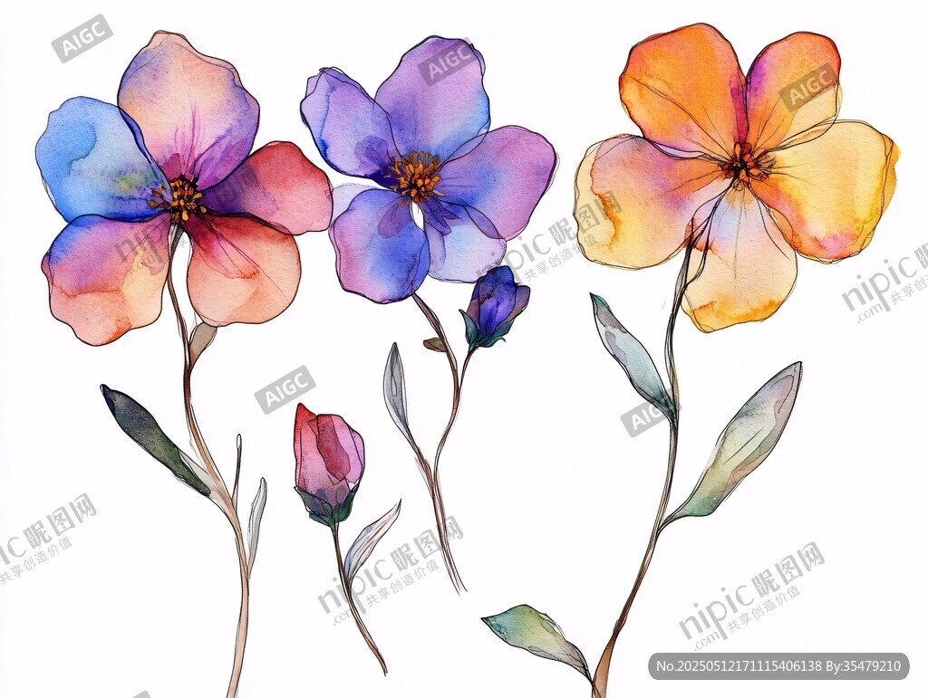 水彩绘多彩花朵插画