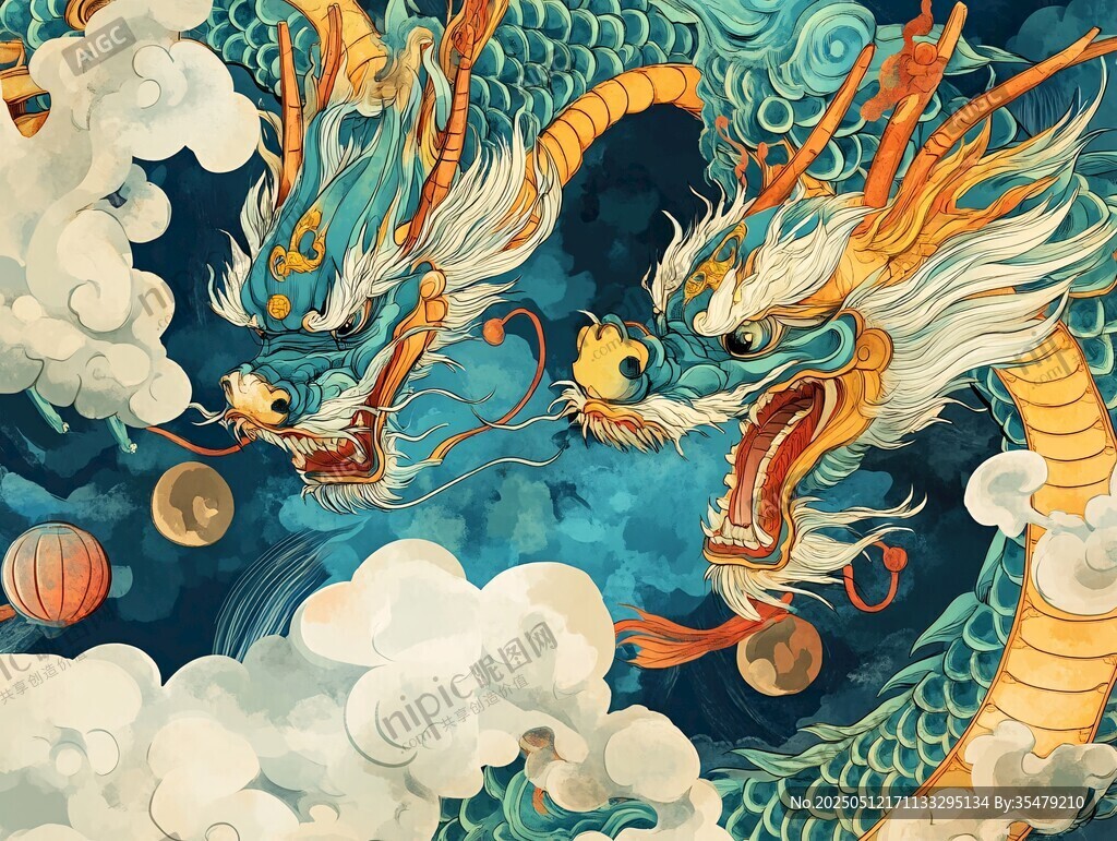 双龙戏珠古风祥瑞图景