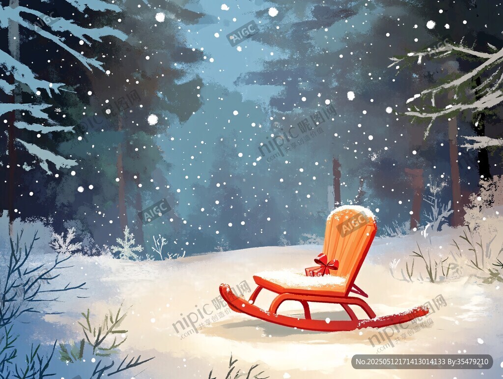 雪林中的红色摇椅