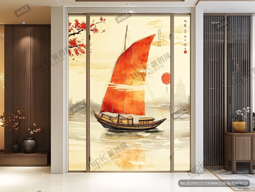 中式帆船入户玄关装饰画