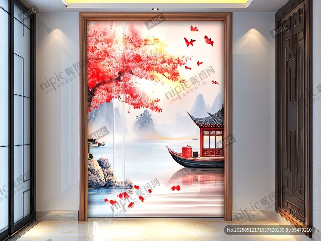 中式诗意红叶山水移门图