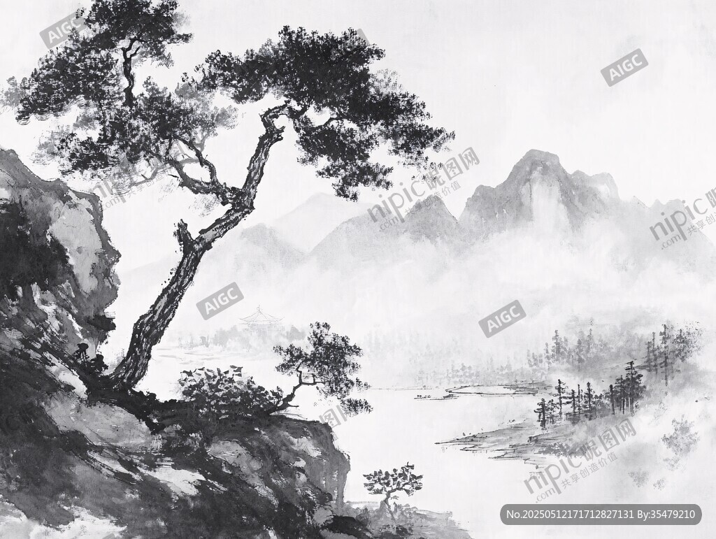 水墨孤松倚崖山水图
