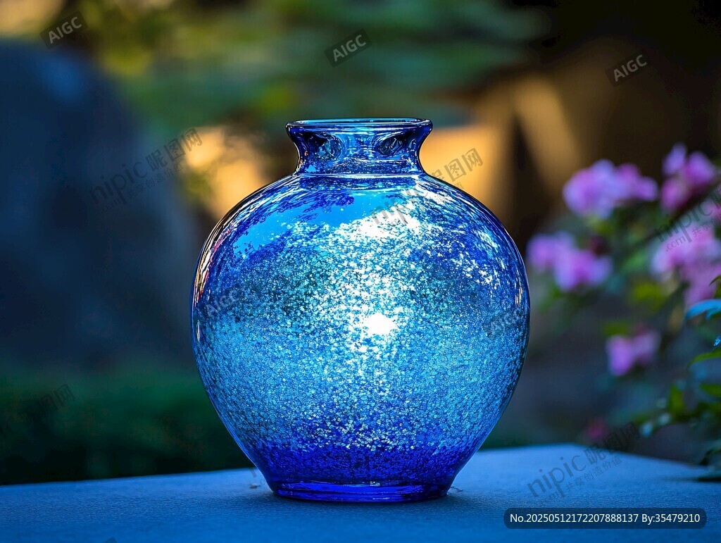 蓝色闪光玻璃花瓶特写