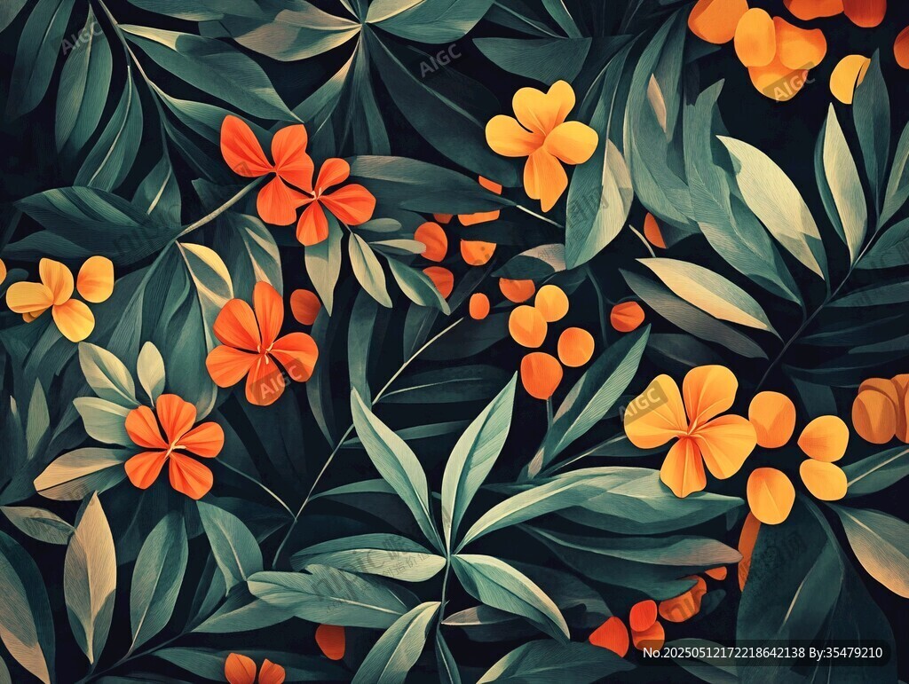 热带花卉绿叶插画图案