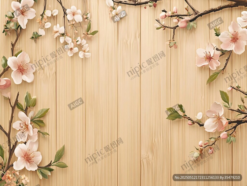 桃花装点的木质背景图