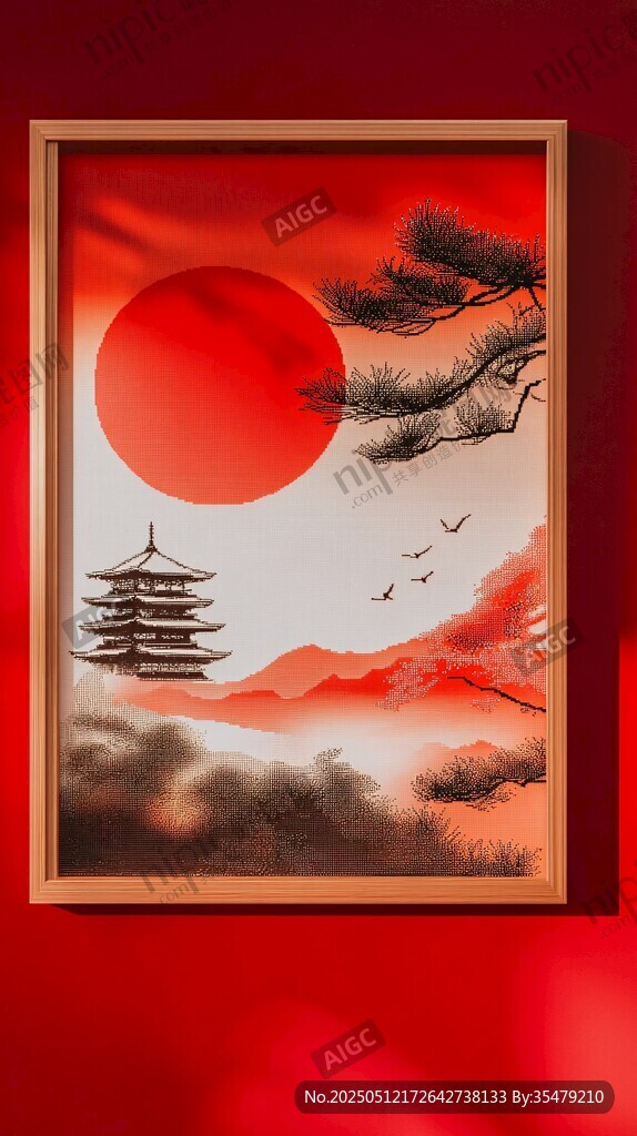 日式浮世绘风红日松塔画