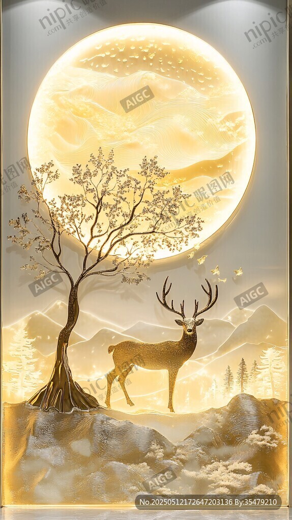 月下鹿影树景梦幻画面