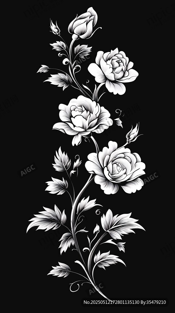 黑白花卉藤蔓装饰图案
