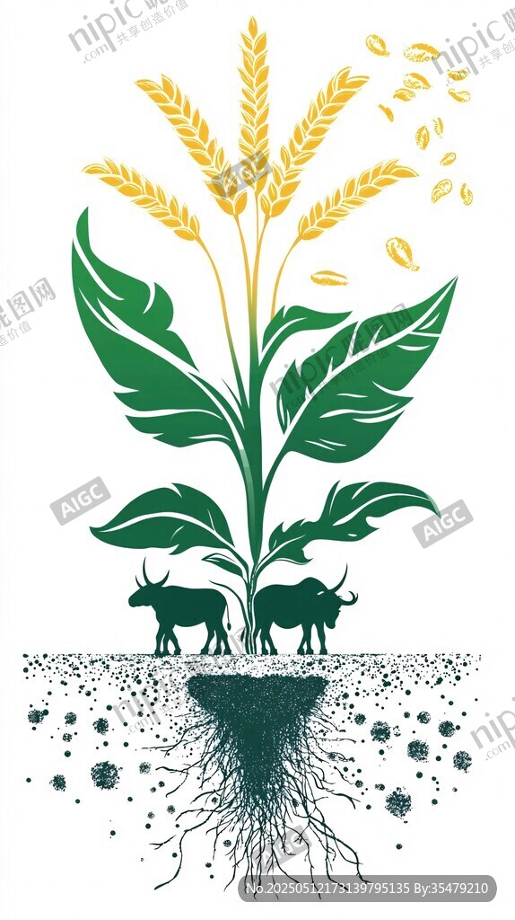 麦株下的耕牛与根系图景