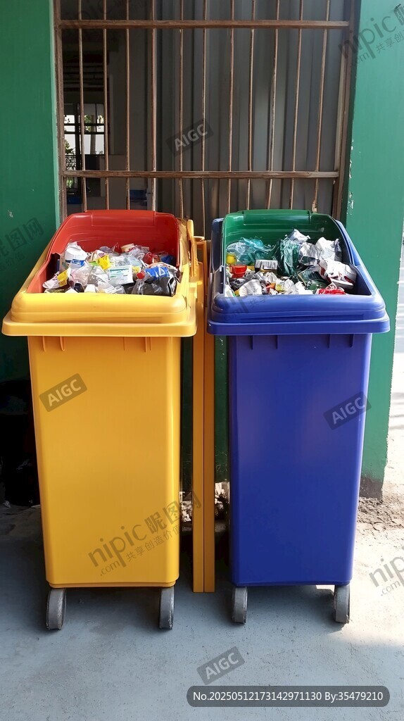 双垃圾桶装满各类垃圾
