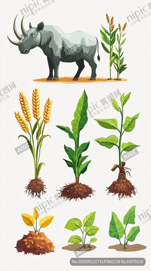 犀牛与多样植物插画展示