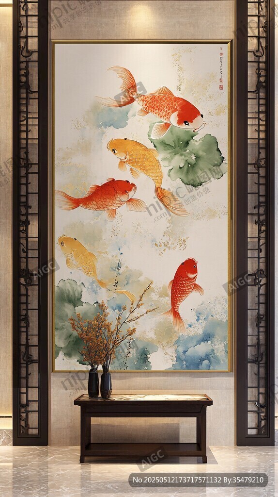 中式玄关九鱼图装饰画