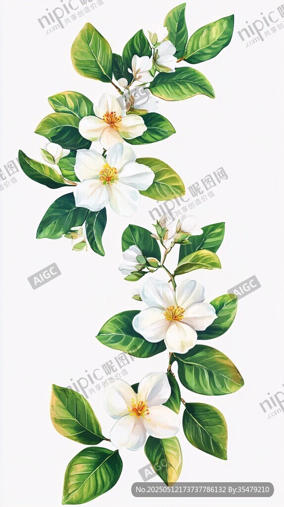 清新栀子花绿叶插画
