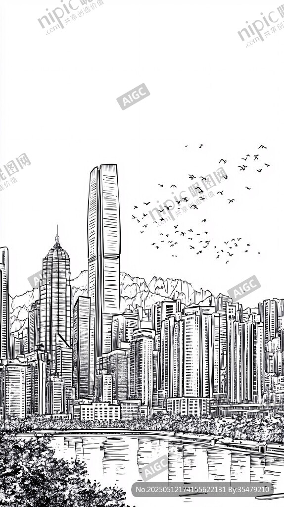 都市天际线黑白手绘景观