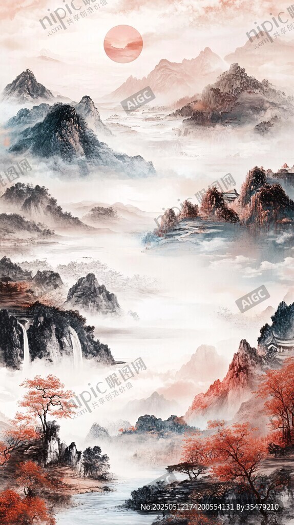 水墨山水间的红日盛景