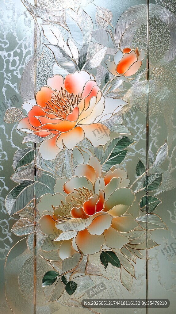 中式牡丹玻璃艺术装饰画