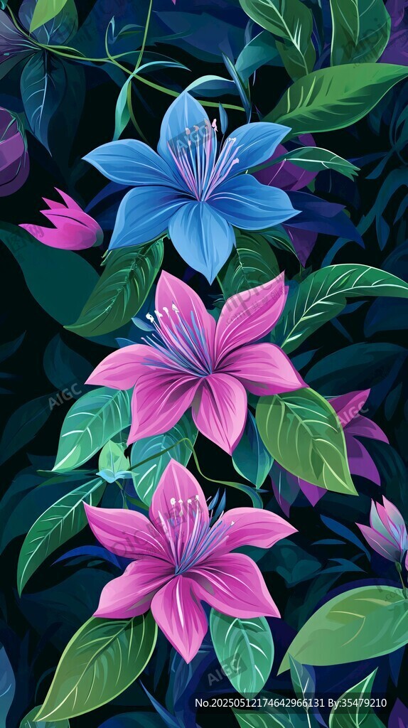 梦幻蓝粉花卉与绿叶图景