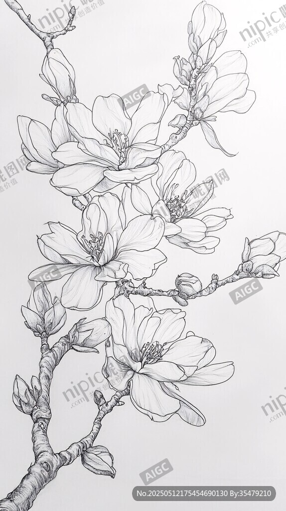 玉兰花枝线描图