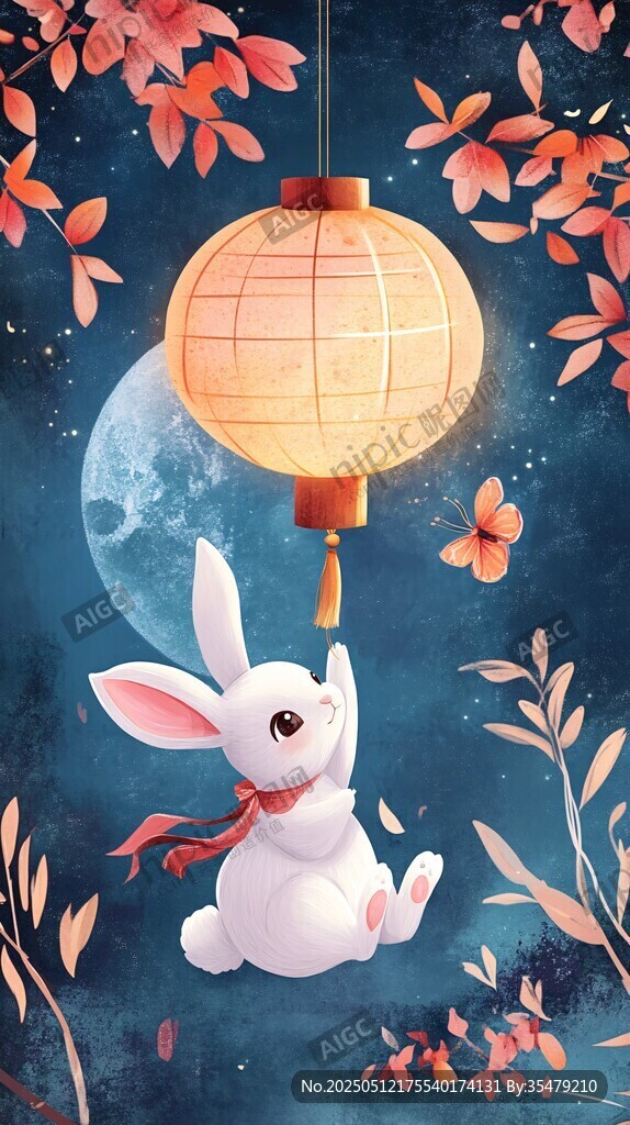玉兔望月挂灯笼贺中秋
