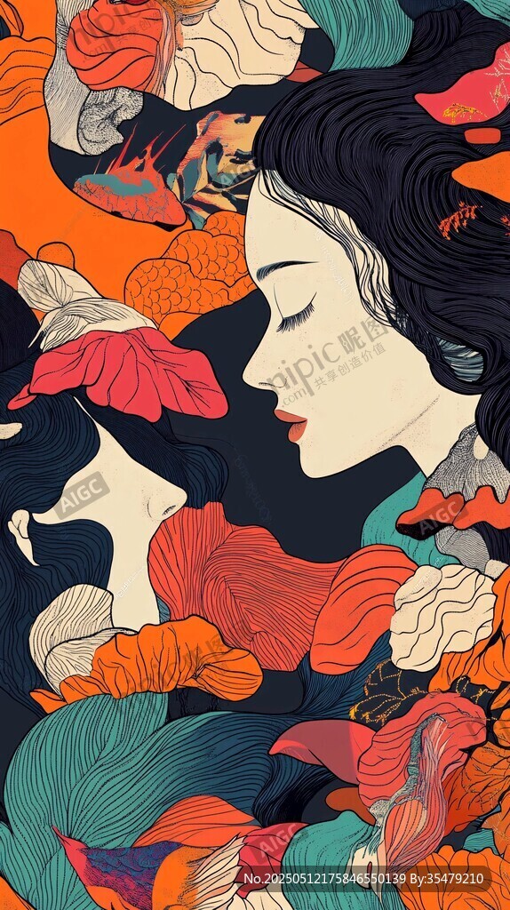 梦幻古风女子与花叶交织