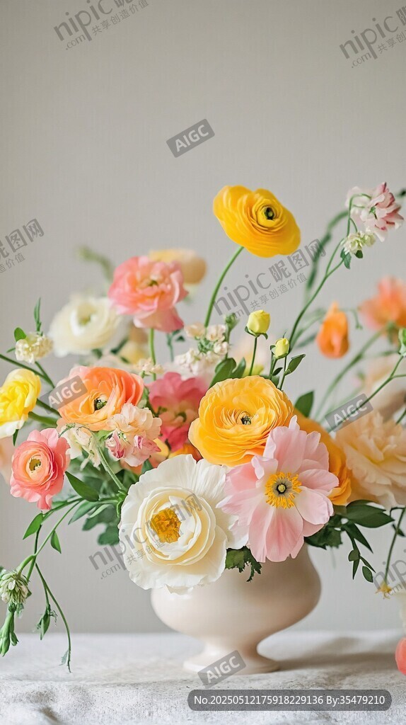 多彩毛茛花束插于白色花瓶