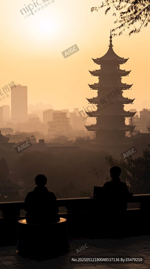 夕阳下古塔前的静谧身影