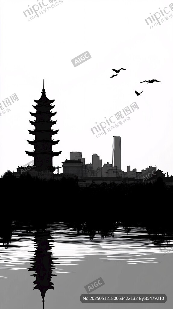 古塔映城景 飞鸟伴水影