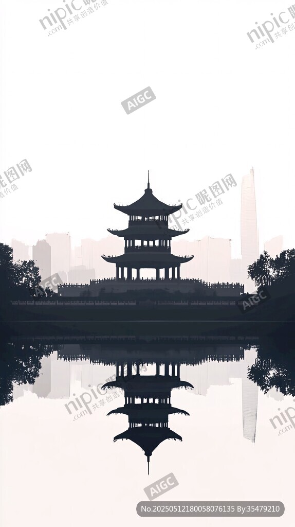 湖畔古亭与城市天际线倒影