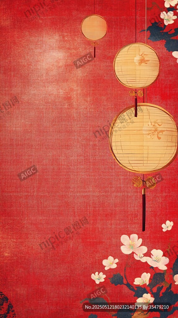 中式红底挂灯笼花卉图