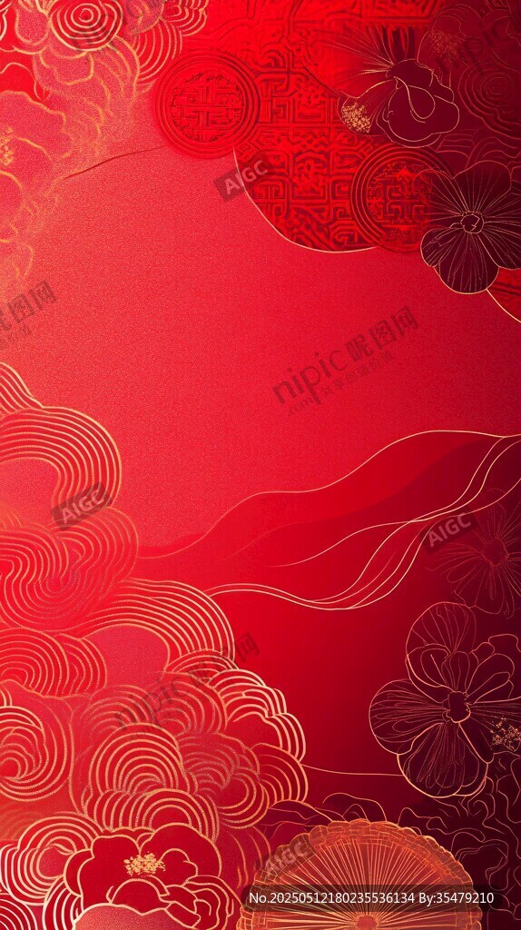 中式红底云纹花卉背景图