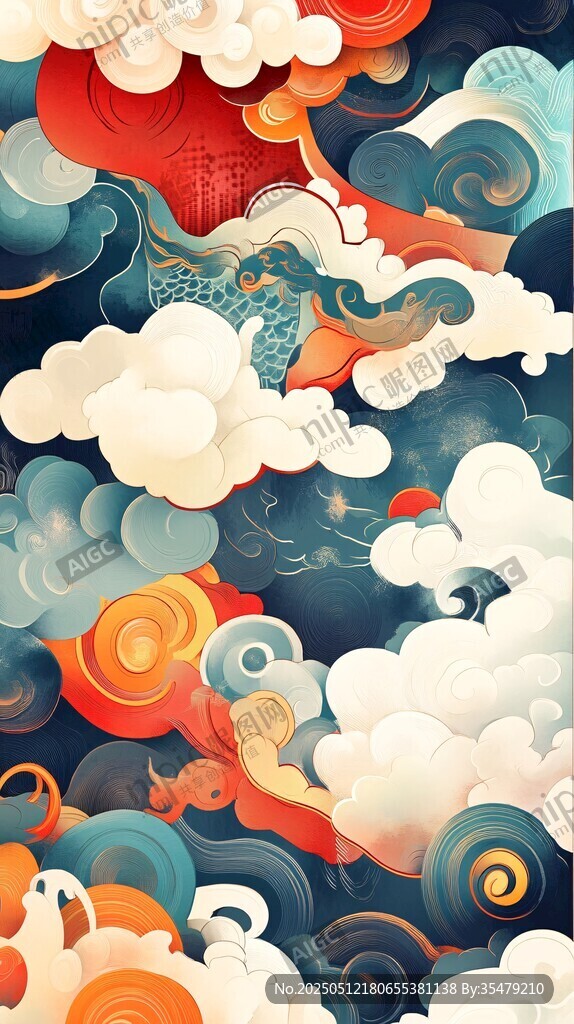国潮风云海祥龙奇幻插画