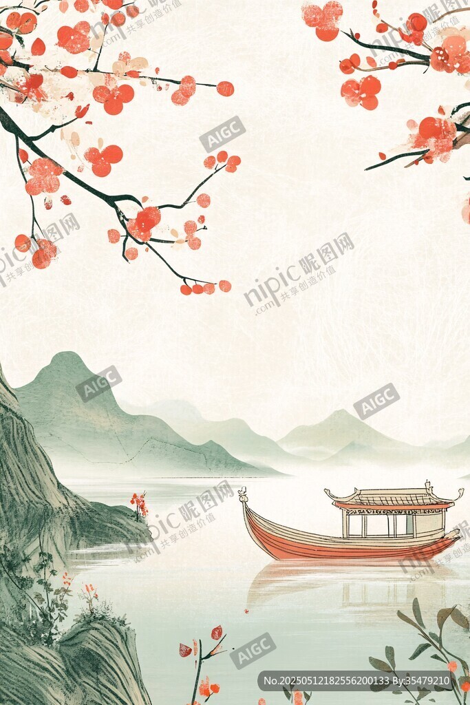 红梅映舟山水诗意画境