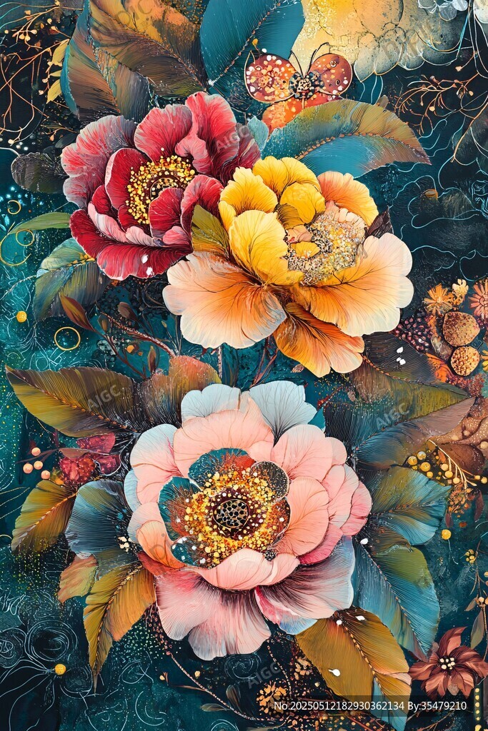 绚丽花卉与灵动蝴蝶插画