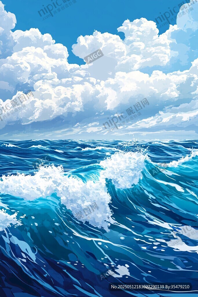 蓝色海洋与翻滚的白色浪花