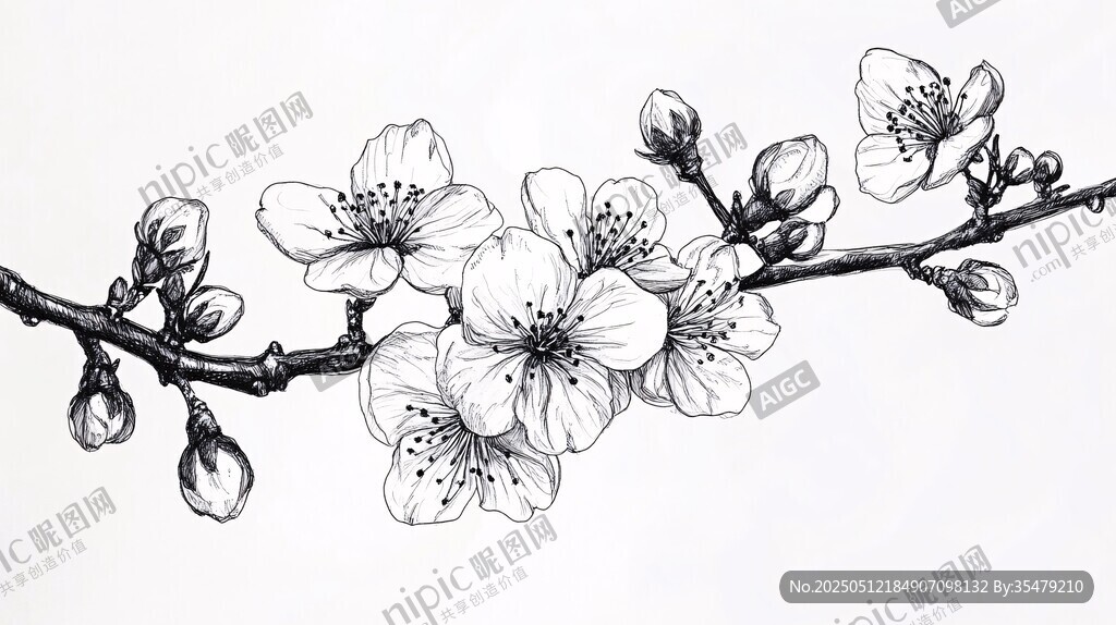 手绘黑白花卉枝头绽放