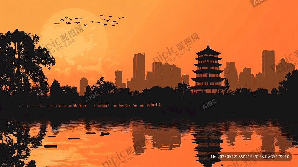夕阳下的城市与古典建筑
