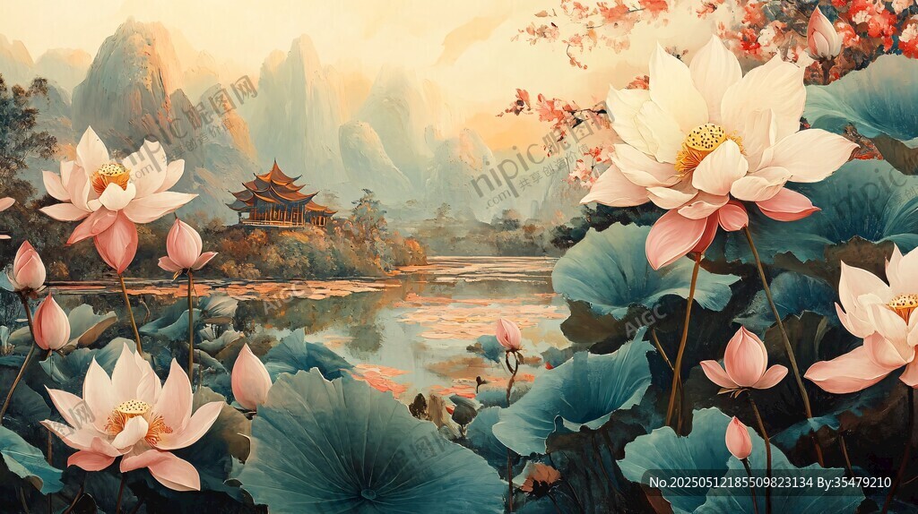 夏日荷塘中式山水美景