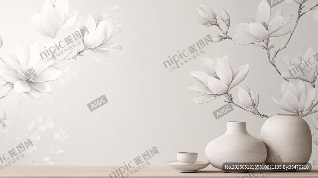 中式素雅花瓶与花卉背景